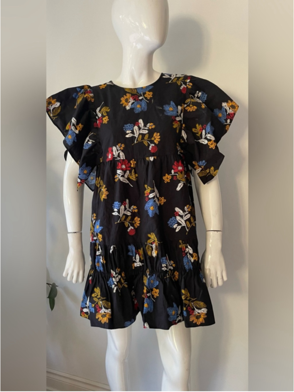 ZARA Floral Ruffle Sleeve Mini Dress | Size S Black Cotton Blend Babydoll Dress - Picture 6 of 10
